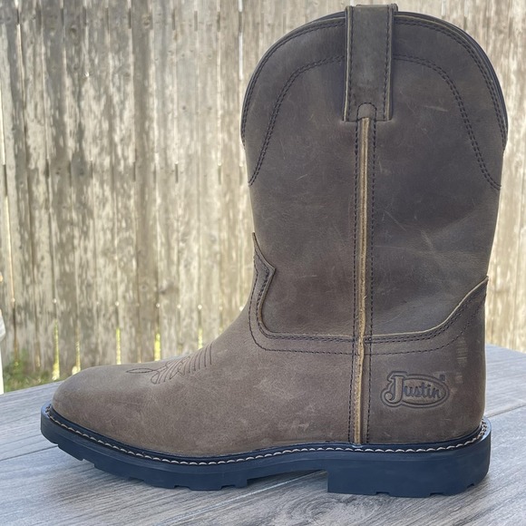 Justin Western Boots Men 8D Brown Leather Water Buffalo Safety EH SR MJ1015 NEW - Picture 9 of 13